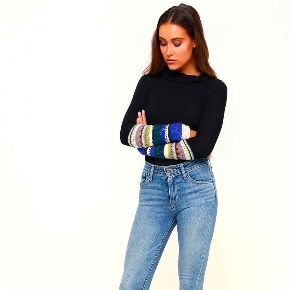 Free People Mixed Up Cuff Black Thermal Long Sleeve Top xs
